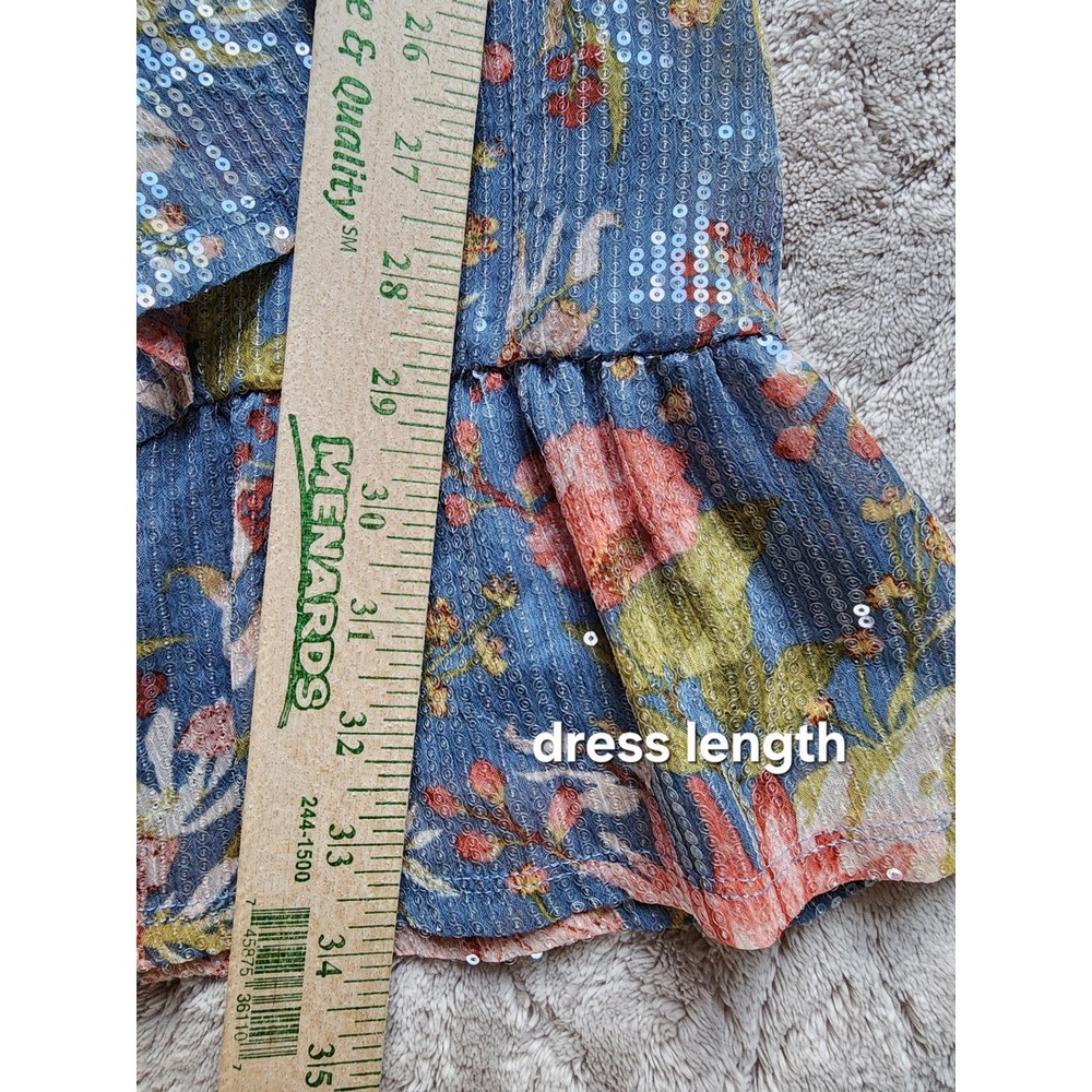 LC Lauren Conrad Floral Sequin Faux Wrap Mini Dress Blue Womens Large - Picture 6 of 7